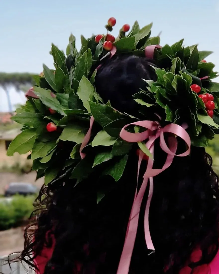 Corona di laurea d'alloro fresco con bacche rosse e nastro rosa
