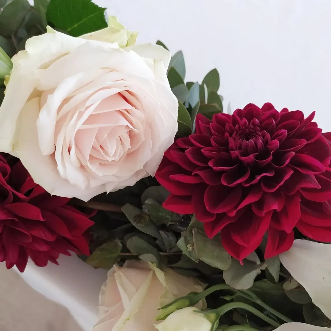 Rose cipria e dalie bordeaux in una composizione di Chiara, fioraio e flower designer a Ostia